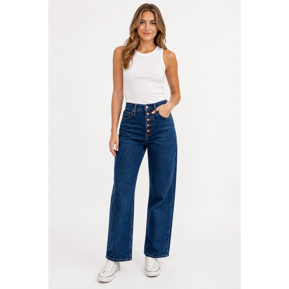 J.Crew Full Length Wide-Leg Jeans Dark Wash Button Fly Denim Blue Womens 33